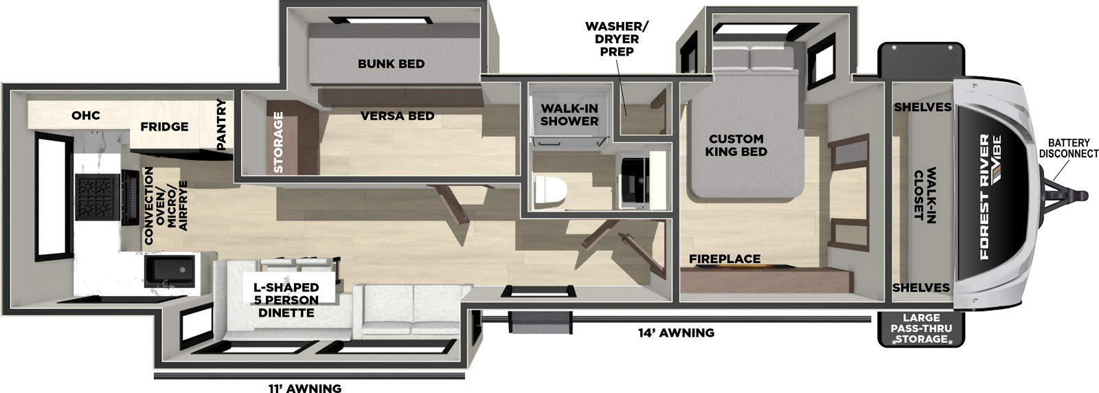 The Vibe 3400SB floorplan has one entry and three slide outs. Exterior features include: fiberglass exterior and 14' awning. Interiors features include: bunk beds, rear kitchen and front bedroom.